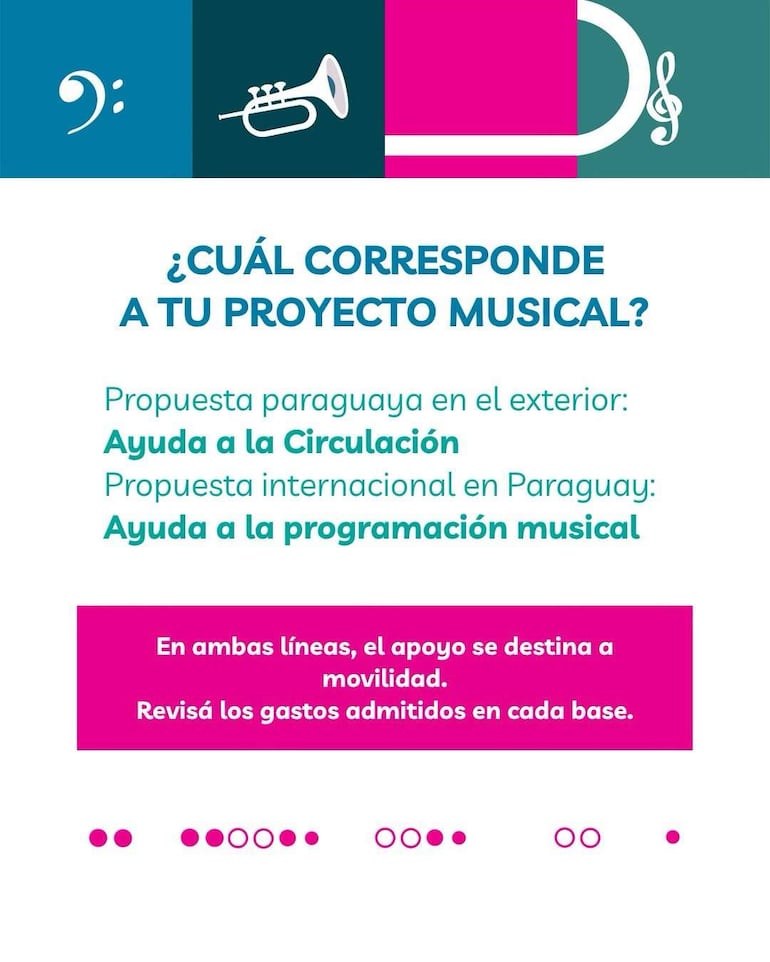 Flyer colorido con trompeta y notas musicales, destacando apoyo a proyectos musicales en Paraguay.