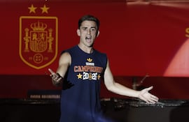 El jugador de la selección española Gavi durante la celebración de la conquista del Mundial 2026