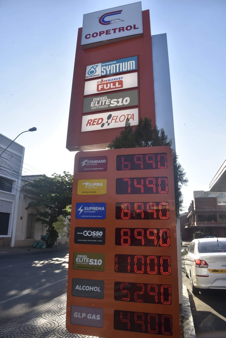 Estación de servicios Copetrol exhibe precios altos de combustibles en un cartel con números rojos brillantes.