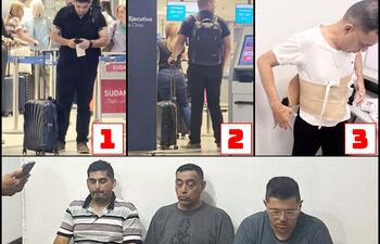 1: Aquiles José Andrés Denis Di Lascio, antes del último viaje que hizo a Panamá.
2: Fernando Antonio Peralta Zaván, antes del último viaje que hizo a Panamá.
3: Gustavo Ismael Britos Orlando, con la faja dentro de la cual metía el oro al aeropuerto.
4: Los tres detenidos e imputados por contrabando de oro a Panamá.