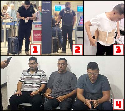 1: Aquiles José Andrés Denis Di Lascio, antes del último viaje que hizo a Panamá.
2: Fernando Antonio Peralta Zaván, antes del último viaje que hizo a Panamá.
3: Gustavo Ismael Britos Orlando, con la faja dentro de la cual metía el oro al aeropuerto.
4: Los tres detenidos e imputados por contrabando de oro a Panamá.