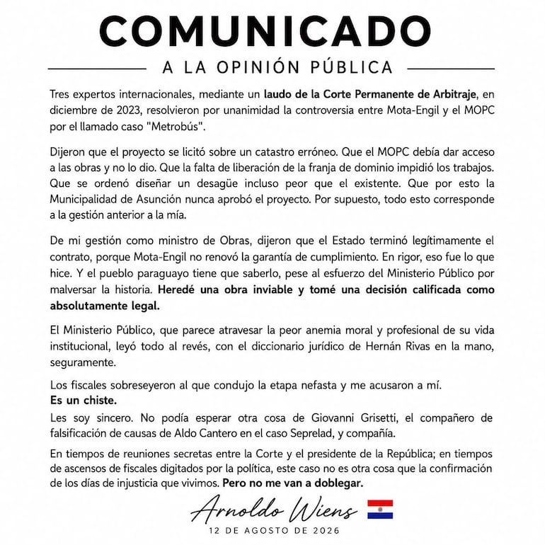 Comunicado de Arnoldo Wiens.
