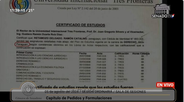 Certificado de estudio del senador Ramón Retamozo (ANR, aliado cartista).
