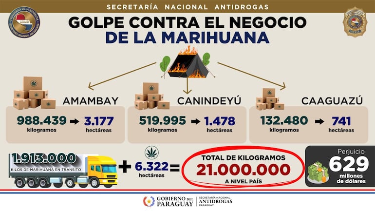 Desde agosto de 2023, la Secretaría Nacional Antidrogas (Senad) logró un impacto récord al sacar de circulación toneladas de droga y destruir miles de hectáreas de cultivos, según su propio informe.