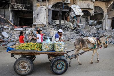 Un vendedor transporta naranjas en Rafah, en el sur de la Franja de Gaza, este lunes.