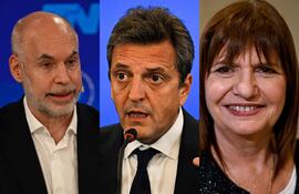 Los precandidatos presidenciales de Argentina: Horacio Rodríguez, Sergio Massa y Patricia Bullrich. (fotos de AFP y EFE)