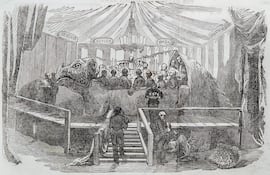 Cena en la maqueta del Iguanodonte en el Crystal Palace, Sydenham. Ilustración publicada en "The Illustrated London News", página 22, 7 de enero de 1854.