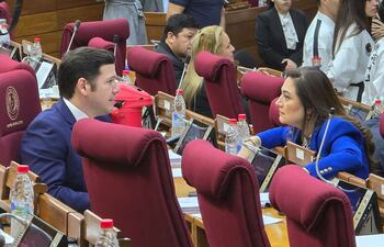 La diputada cartista Rocío Abed conversa con su correligionario Alejandro Aguilera.