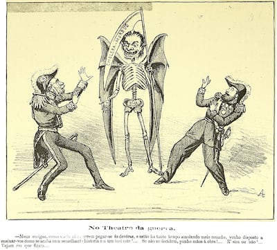 El cólera (una de las principales causas de muerte en la Guerra Grande) se burla de Caxias y López. Caricatura publicada en el semanario satírico paulista Cabrião el 12 de mayo de 1867.
