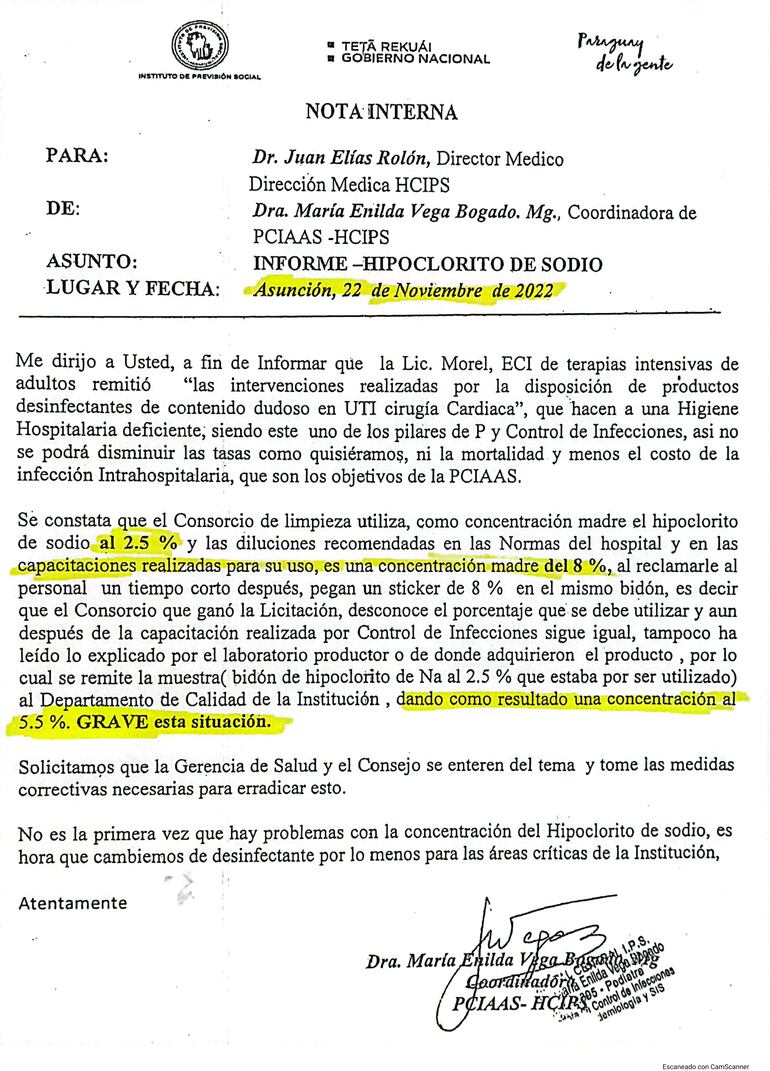 En esto documento, desde UTI se denunció que los desinfectantes utilizados no estaban bajo los parámetros requeridos. 