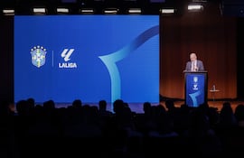 El presidente de LaLiga española, Javier Tebas, durante su exposición del martes en Río de Janeiro.