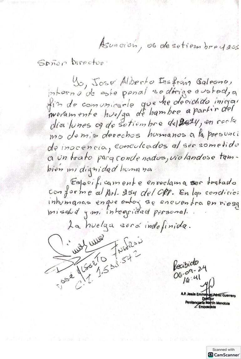 Nota presentada por el pastor José Insfrán Galeano a la dirección del centro penitenciario, para informar su decisión de llevar adelante la medida de fuerza. 