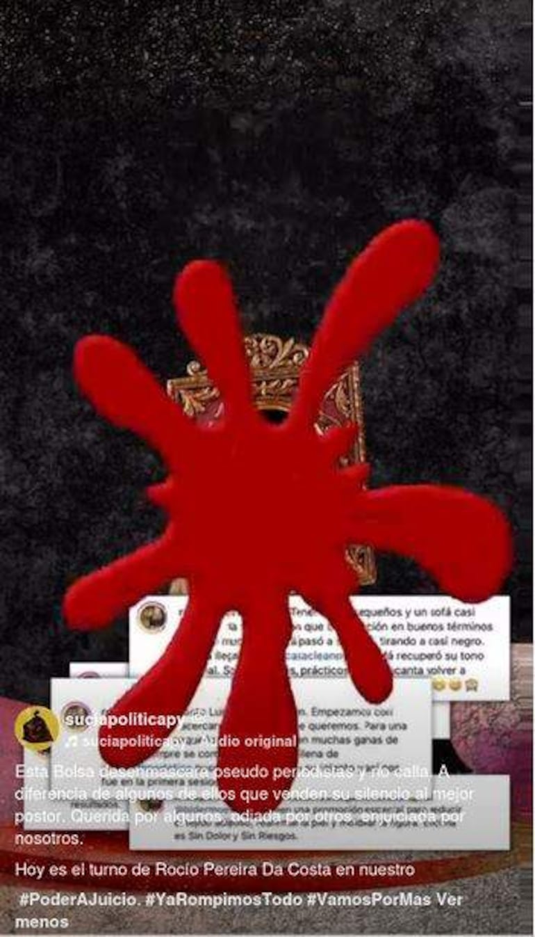 Fondo negro con mancha roja y textos sobre crítica social, incluyendo hashtags como #PoderAJuicio y #YaRompimosTodo.