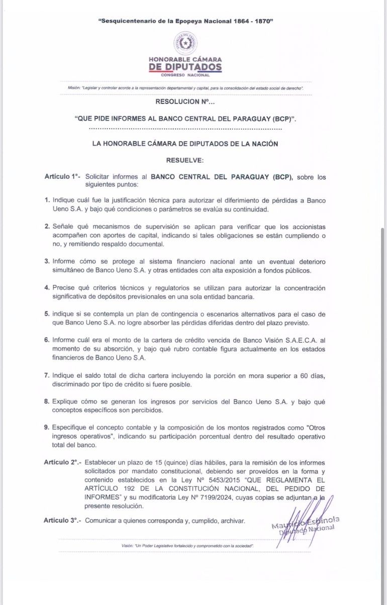 Diputados piden informes al IPS y al BCP sobre colocaciones con ueno Bank