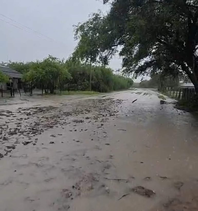 Carretera inundada con agua estancada, escombros y hojas flotando en un entorno rural y sombrío.