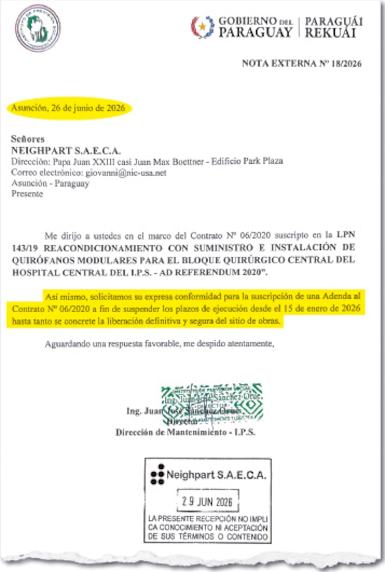 Nota que remitió el 26 de junio último la Dirección de Mantenimiento para una nueva adenda.