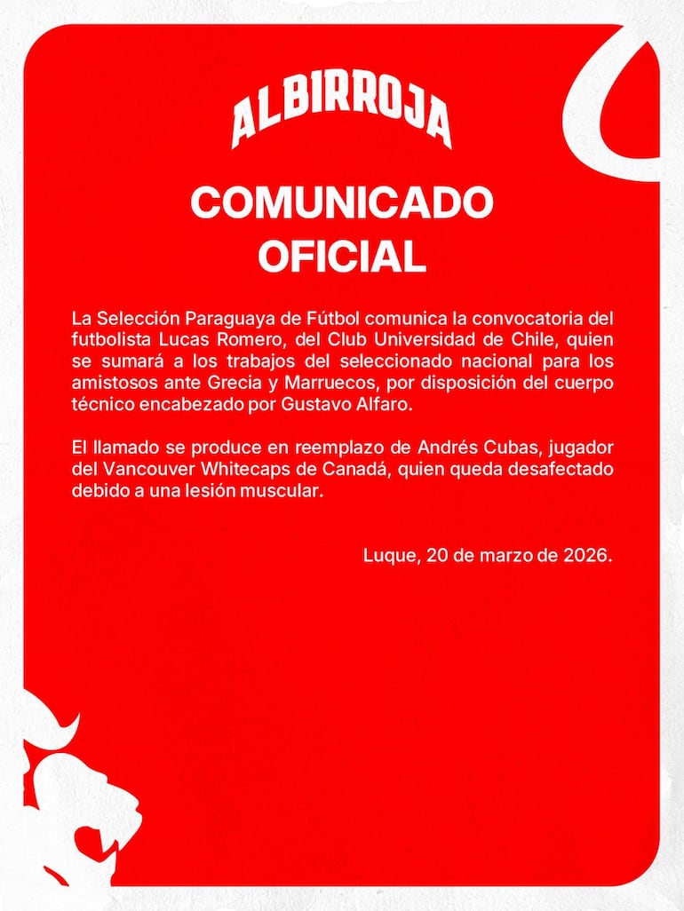 La convocatoria de Lucas Romero por el lesionado Andrés Cubas.