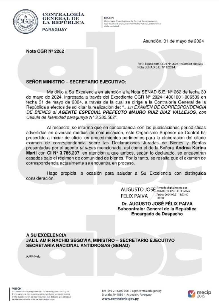 Nota de la Contraloría a la Senad.