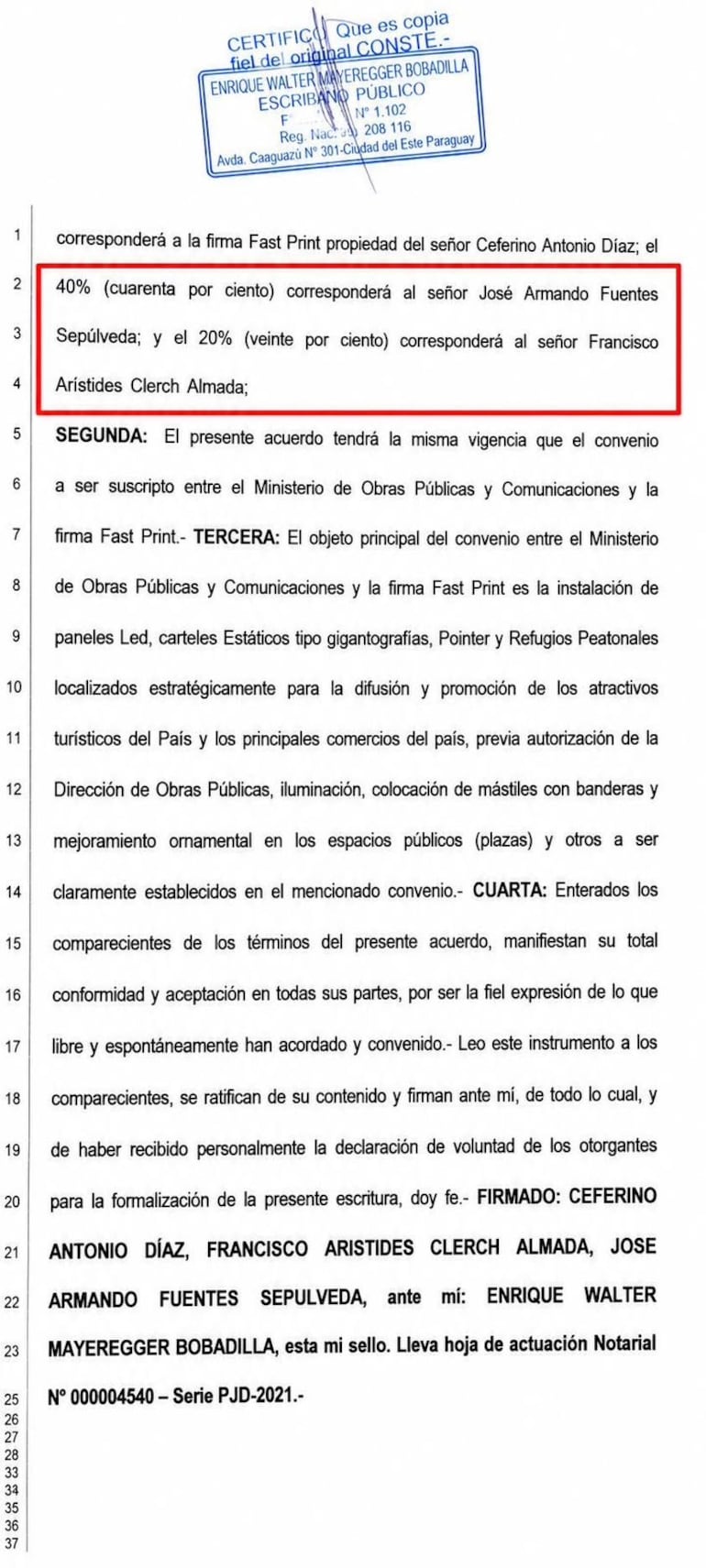 Copia del acuerdo firmado para la distribuición de ganancias.