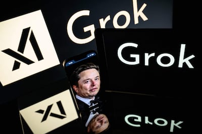 Elon Musk rodeado de los logos de X y Grok.
