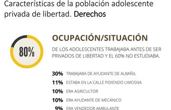 El Mecanismo Nacional de Prevención de la Tortura muestra en está gráfica que la mayoría, más del 90% de los adolescentes privados de libertad se encontraba en una situación de pobreza o pobreza extrema, sin culminar la educación primaria y realizando trabajos informales.