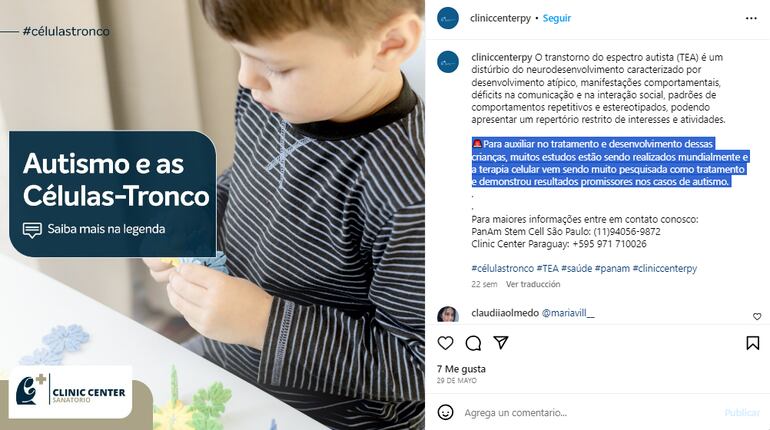 Clinic Center ofrece tratamiento con células madre para patologías como el autismo, por ejemplo. Pese a estar en Paraguay, los posteos son mayoritariamente en portugués.
