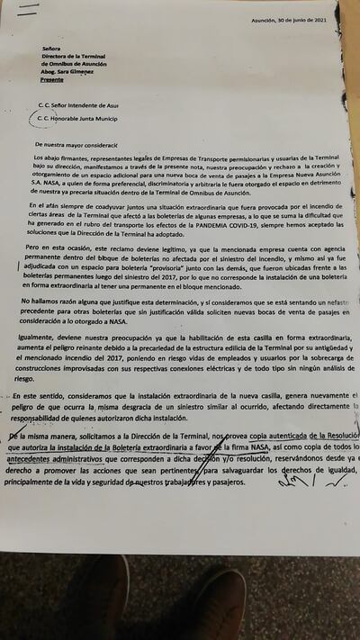 Nota presentada por empresarios del transporte.