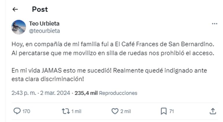 Teo Urbieta denunció discriminación en una cafetería de San Bernardino.