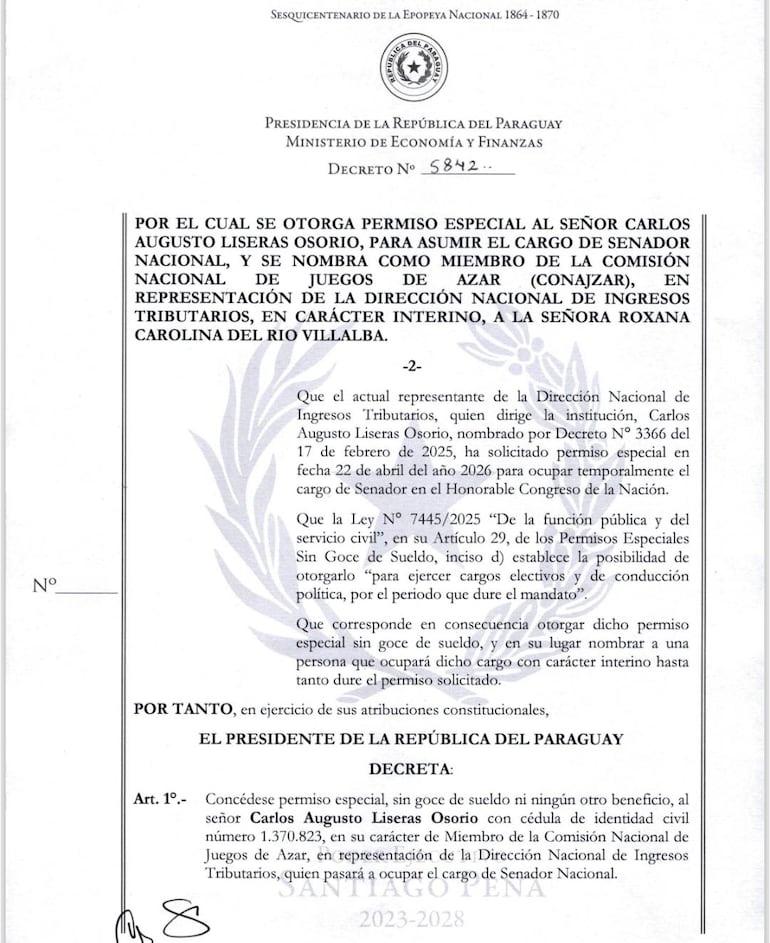 Decreto de Peña por el cual concede permiso especial a Carlos Liseras, en carácter de miembro de la Conajzar en representación de la DENIT, que pasará a ocupar el cargo de senador nacional.