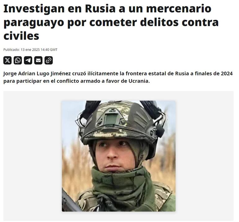 La publicación del medio RT sobre el "mercenario paraguayo".