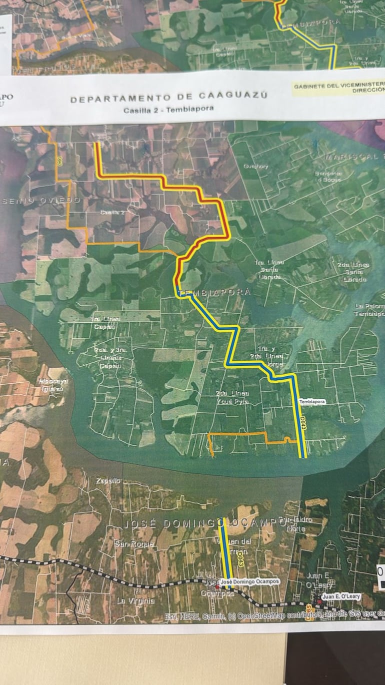 Trayecto de la Ruta de la Banana que conectará Raúl A. Oviedo con Tembiaporâ.
