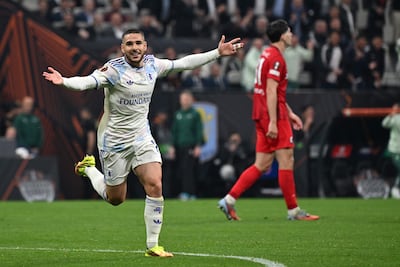 Aston Villa's Argentinian midfielder #10 Emiliano Buendia celebrates scoring the 0-2 goal during the UEFA Europa League final football match between SC Freiburg and Aston Villa at Besiktas Park in Istanbul on May 20, 2026. (Photo by Andrej ISAKOVIC / AFP)