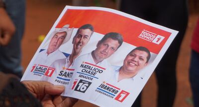 Panfleto de la ANR con Eulalio Lalo Gomes, Santiago Peña, Natalicio Chase y Juan Acosta.