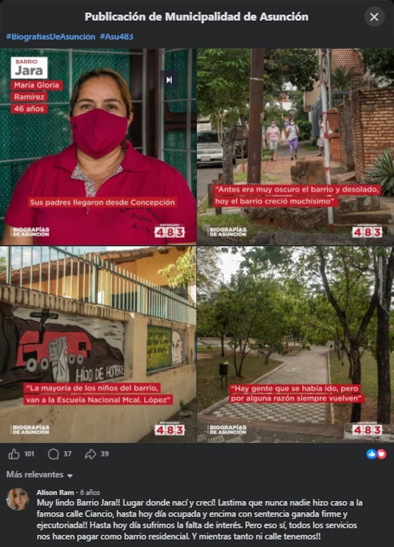 Historia del barrio Jara publicada por la Municipalidad de Asunción en Facebook.