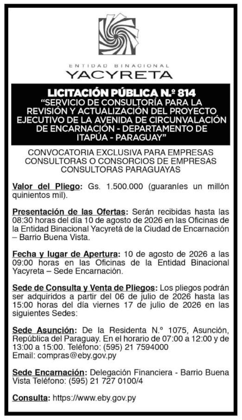 Documento oficial de licitación pública de la Entidad Binacional Yacyretá, con logotipo institucional y detalles del proyecto.