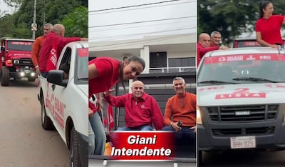 Félix Hernán Jiménez con camiseta roja en camioneta, rodeado de personas sonrientes en un ambiente festivo urbano.