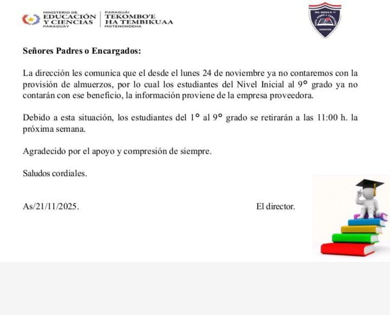 Aviso de la suspensión de Hambre Cero, para la semana que viene, en una escuela de Asunción.