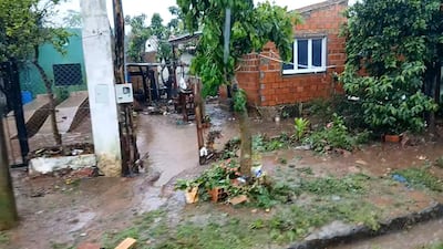 Terreno inundado con agua acumulada y vegetación dañada, sin personas visibles en la escena.