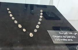 Las 32 cuencas de conchas marinas perforadas (Nassarius gibbosulus) -de unos 5 centímetros de talla- que fueron encontradas en la cueva de Bizmoune expuestas en la Necrópolis de Chellah en Rabat.