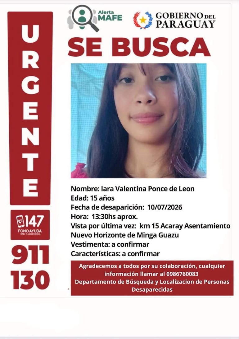 Cartel de búsqueda con información sobre Lara Valentina Ponce de León, desaparecida, en un fondo blanco y detalles en rojo.