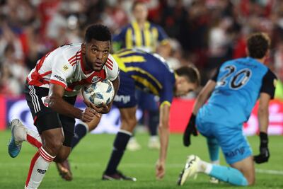 River Plate's Colombian forward Miguel Angel Borja celebrates after scoring against Rosario Central during the Argentine Professional Football League Cup 2024 football match at the Mas Monumental stadium in Buenos Aires on April 7, 2024. (Photo by ALEJANDRO PAGNI / AFP)