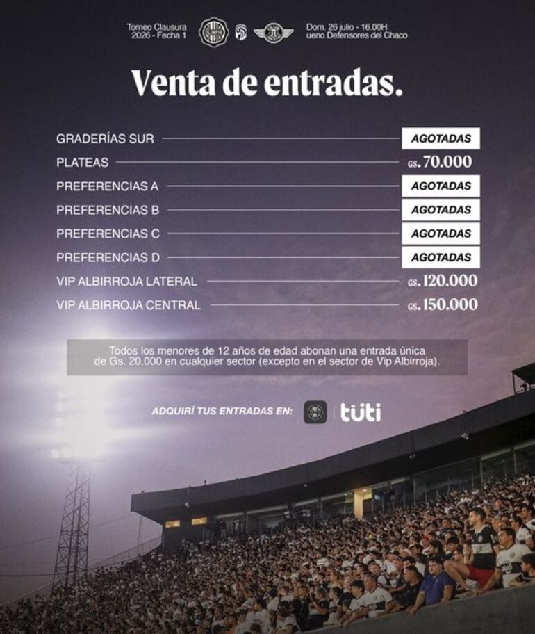 Localidades aún disponibles para el clásico blanco y negro dominical entre Libertad y Olimpia.