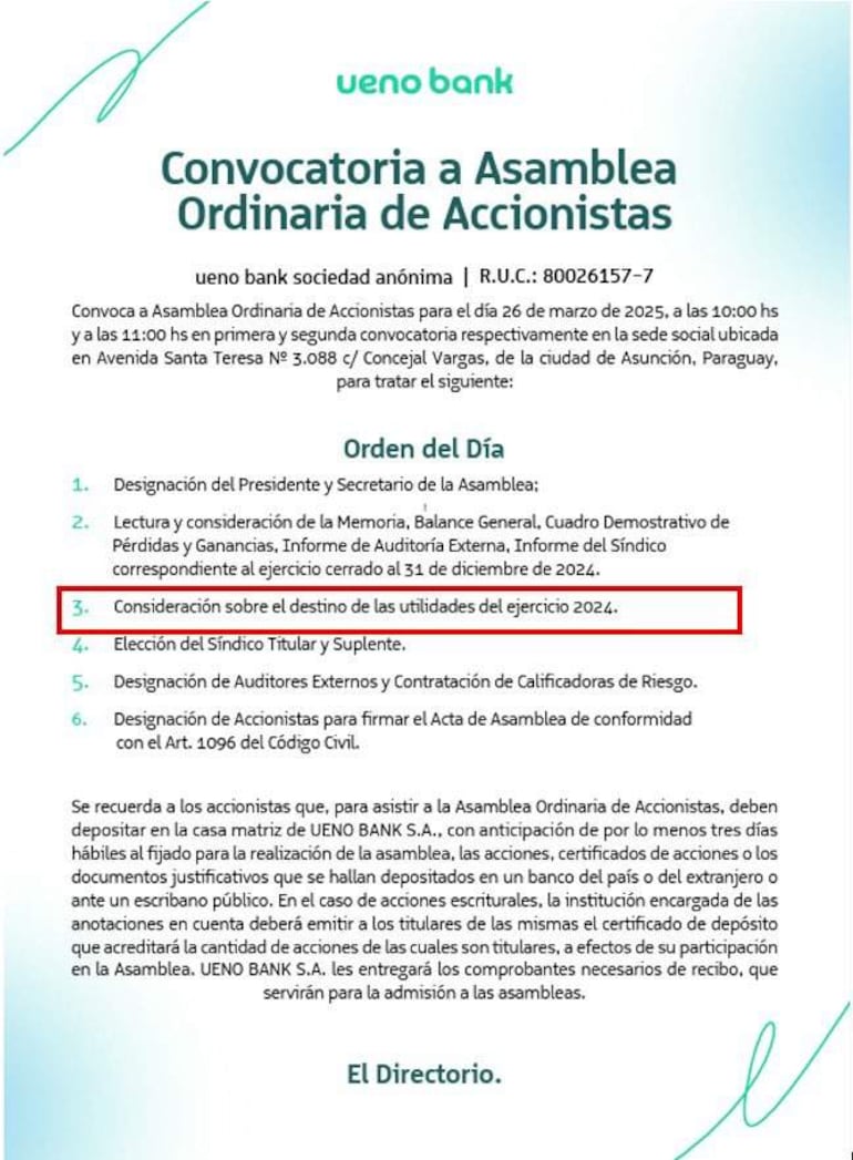 Convocatoria a Asamblea de Accionistas de Ueno Bank, con detalles sobre lugar y horarios, presentada en un documento formal.