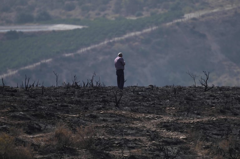 Un hombre permanece en sus tierras calcinadas tras un incendio forestal que causó la muerte de al menos 12 personas en Alfaix, provincia de Almería, el 11 de julio de 2026.