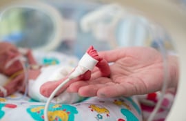 Un bebé recién nacido prematuro en una incubadora.