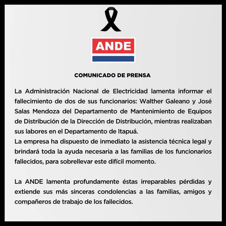Comunicado de la ANDE sobre el trágico accidente en el que fallecieron dos de sus funcionarios.