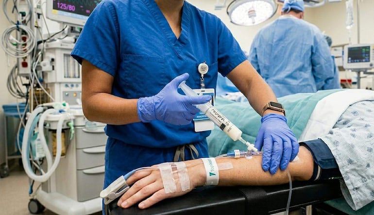 Profesionales de la salud en camiseta azul y guantes azules, administrando tratamiento a paciente con vendaje en el brazo.