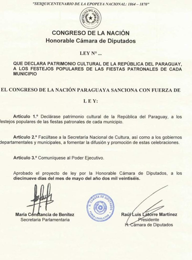 Documento oficial del Congreso con texto que declara patrimonio cultural a fiestas patronales, sin personas visibles.