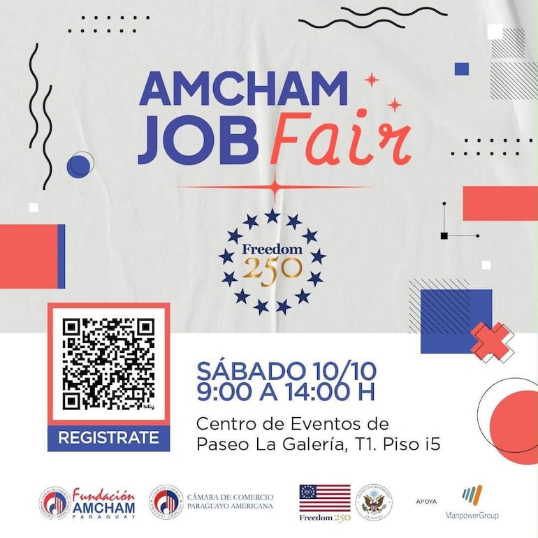 Diseño gráfico del anuncio con colores rojo y azul, código QR y detalles del evento AMCHAM Job Fair.