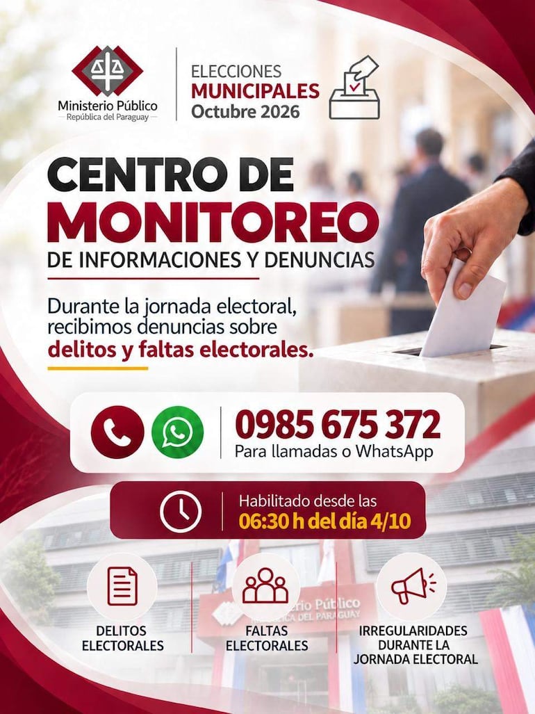 Anuncio del Ministerio Público sobre denuncias electorales, con la bandera de Paraguay y un número de contacto visible.